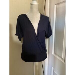 Vince Navy Blue Viscose Surplice Wrap V-Neck Dolman Sleeve Top XS Jersey Stretch